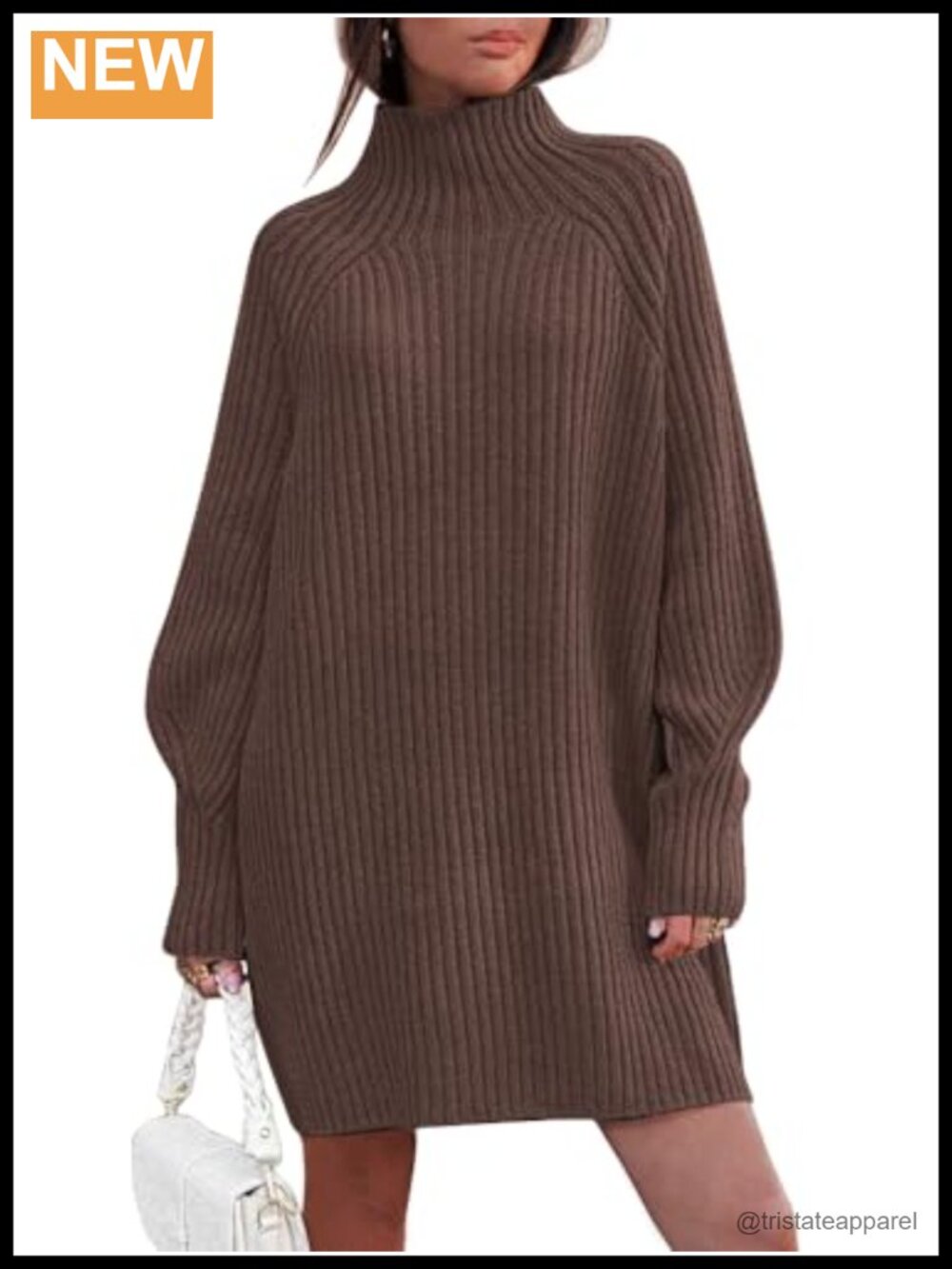 Mock Neck Lantern Sleeve Oversized Sweater Dress Knit Mini Pullover